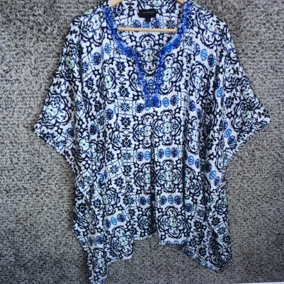 Lane Bryant Tops - Lane Bryant White and Blue Patterned Beaded V-Neck Tunic